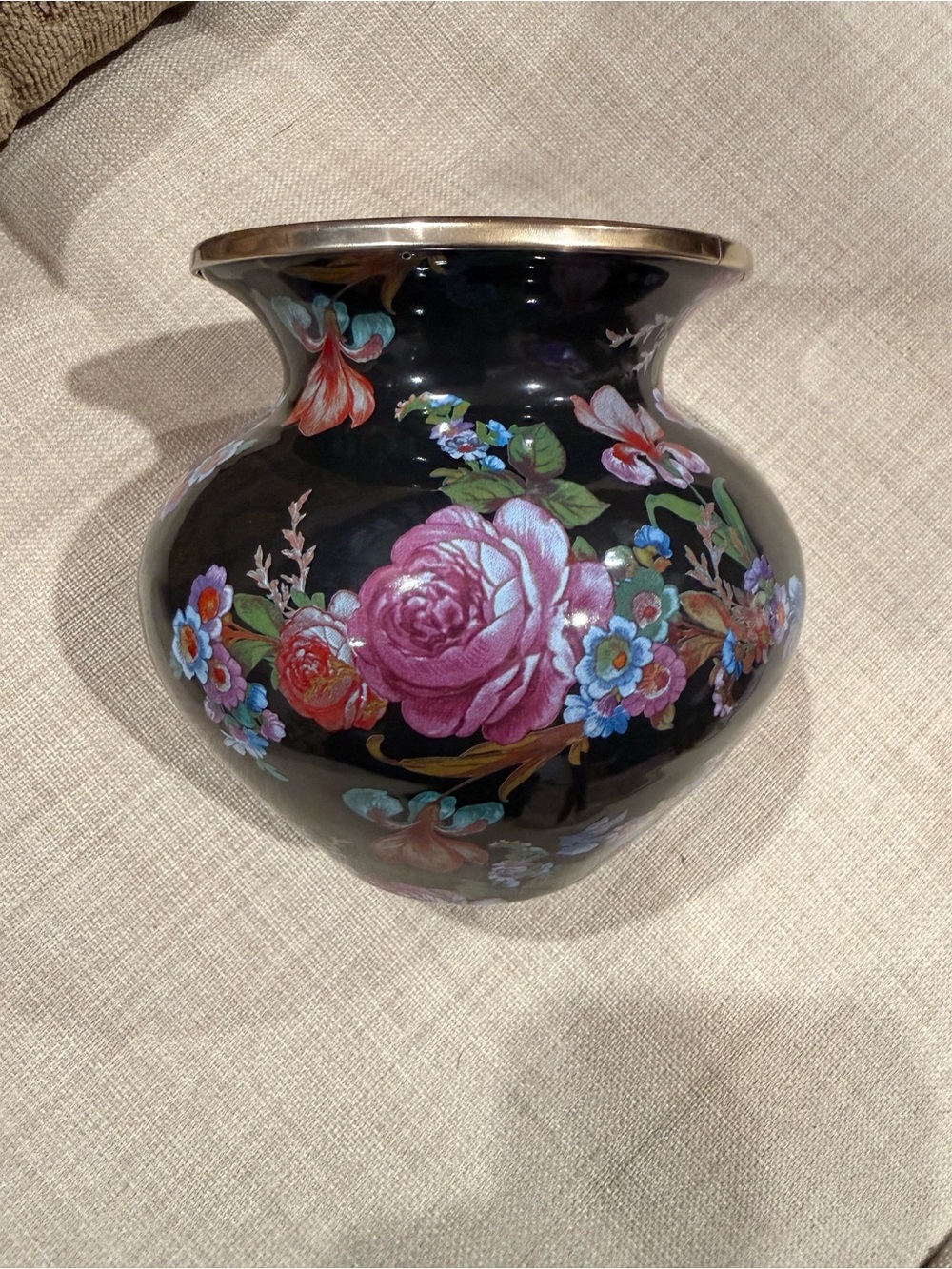 MacKenzie Childs Black Enamel Flower Market Floral Vase 6.75” Tall